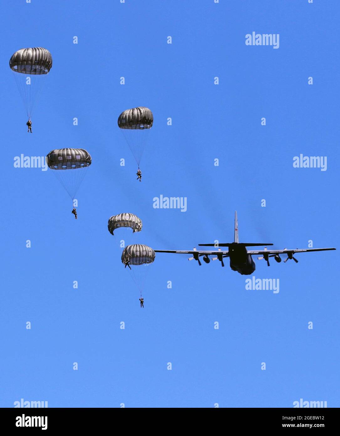 Soldiers with the 294th Quartermaster Company, 338th Quartermaster Company, Texas Army National Guard, the 3rd Special Forces Group, soldiers with the Latvian Army’s Special Forces Group and British Army’s 4th Battalion, Parachute Regiment (4 PARA), jump and parachute out of a C-130 Hercules aircraft over Camp Grayling Joint Maneuver Training Center, Grayling, Michigan, Aug. 13, 2021. The service members conducted joint airborne training during Northern Strike 21, which is an opportunity to build readiness and interoperability with other units and multinational partners while training in reali Stock Photo