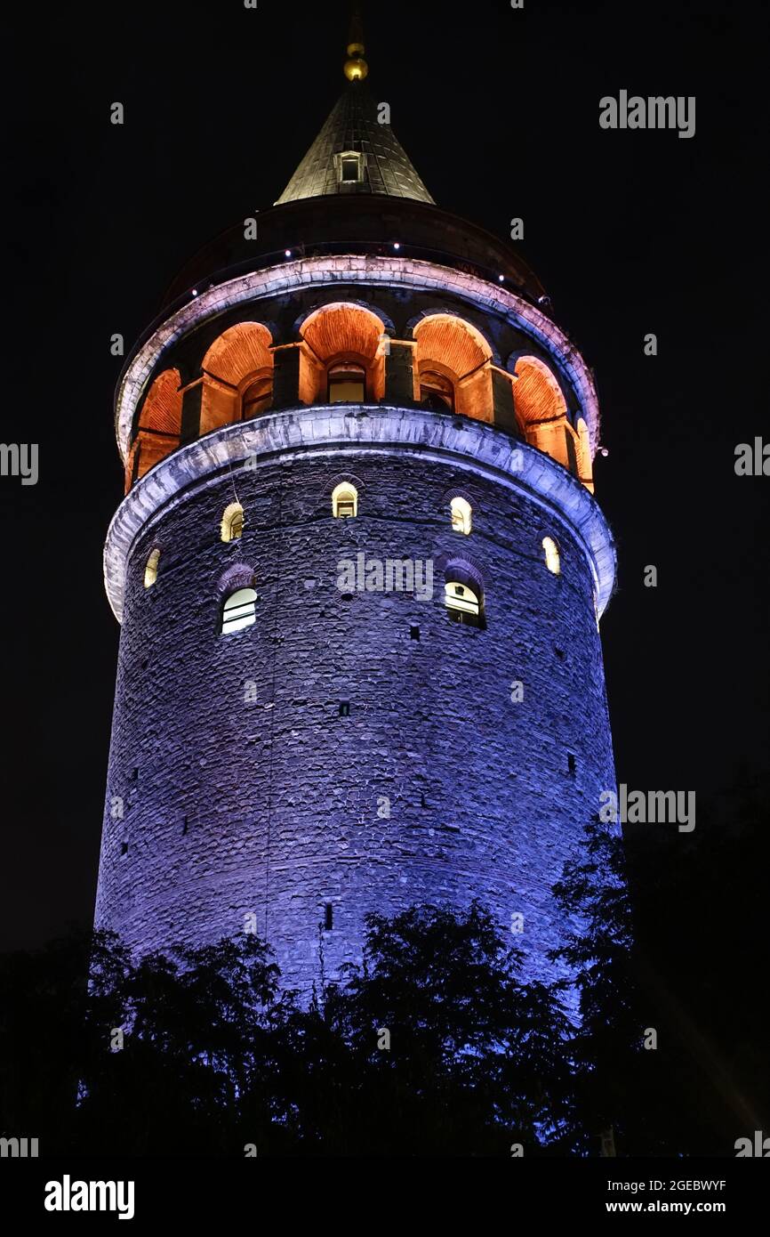 Turkey Istanbul - Galata Tower at night vertical Stock Photo - Alamy