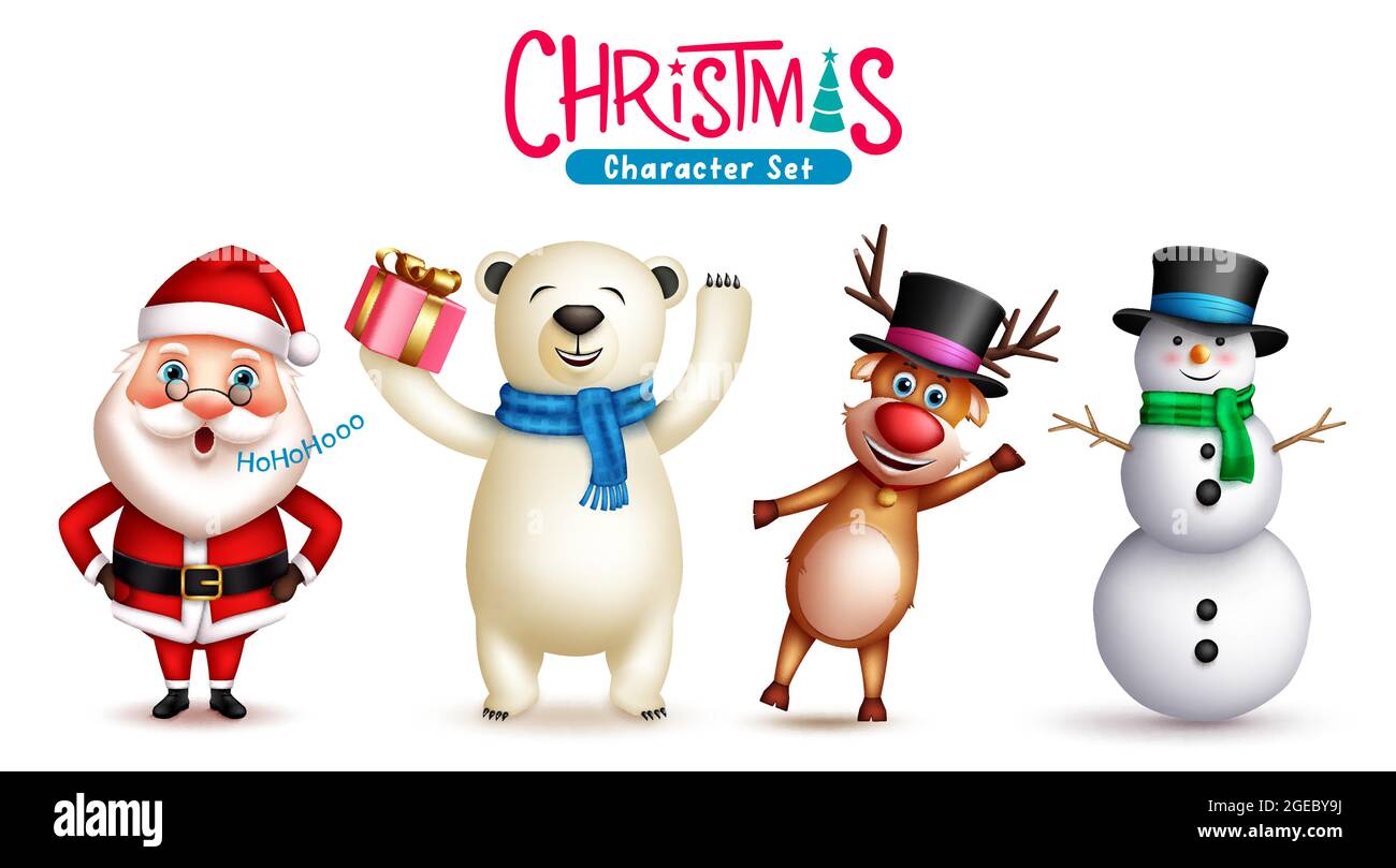 Christmas character vector set. Santa claus, snowman, reindeer and polar bear christmas characters isolated in white background for xmas graphic. Stock Vector