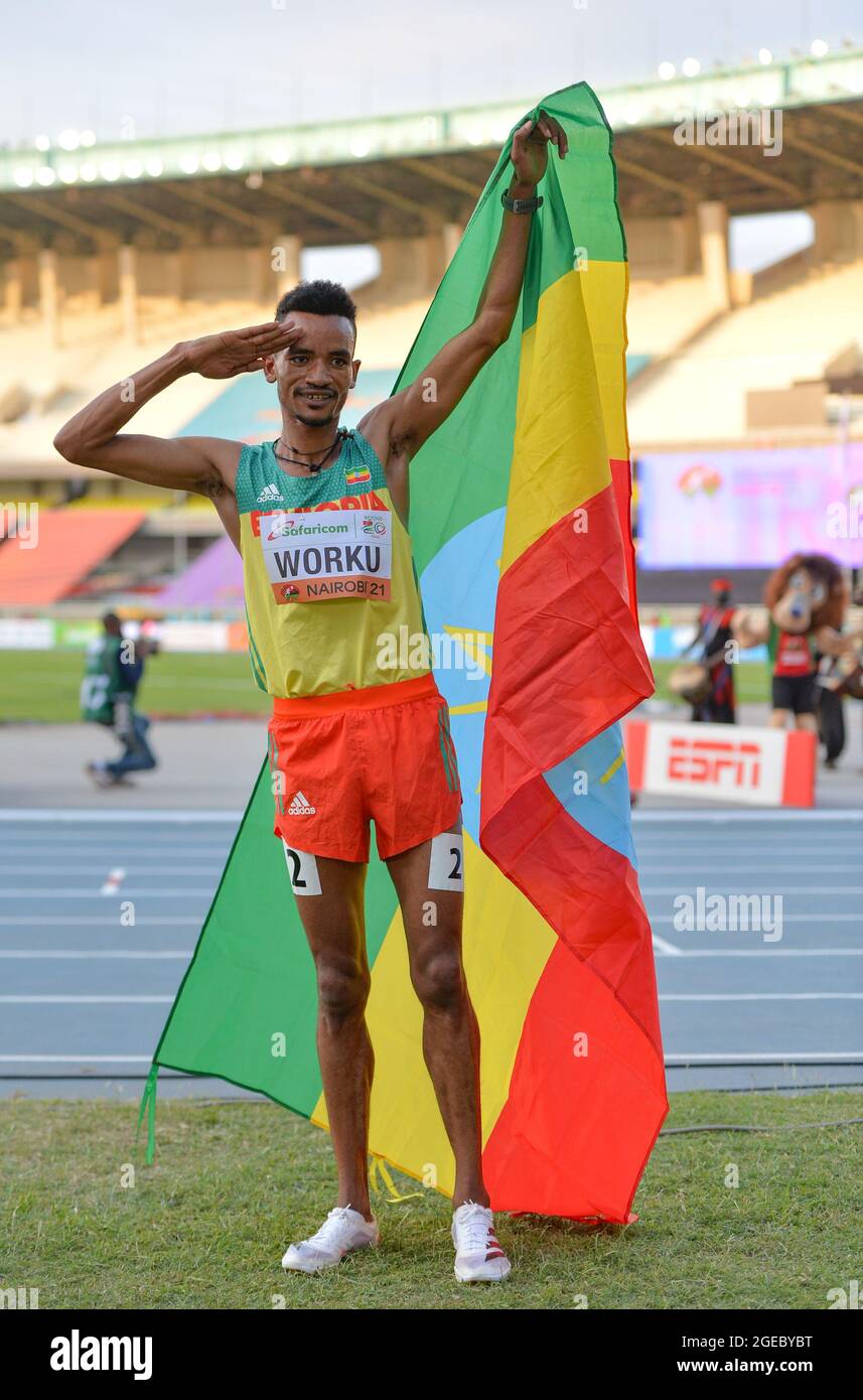 Nairobi, Kenya. 18th Aug, 2021. Tadese Worku of Ethiopia celebrates