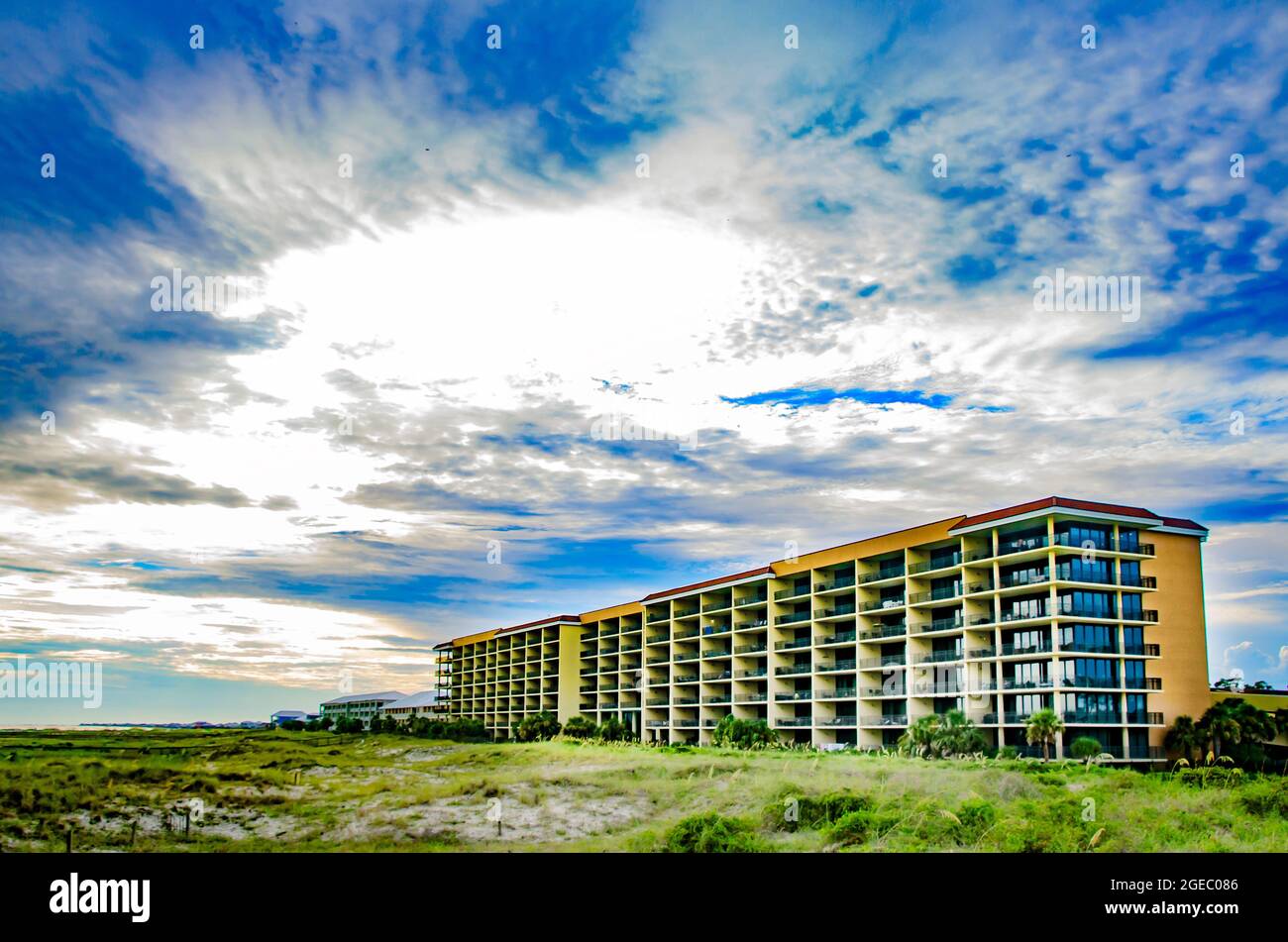 Holiday Isle Resort is pictured, Aug. 12, 2021, in Dauphin Island, Alabama. The resort features 144 rental condominiums on the island's west end. Stock Photo