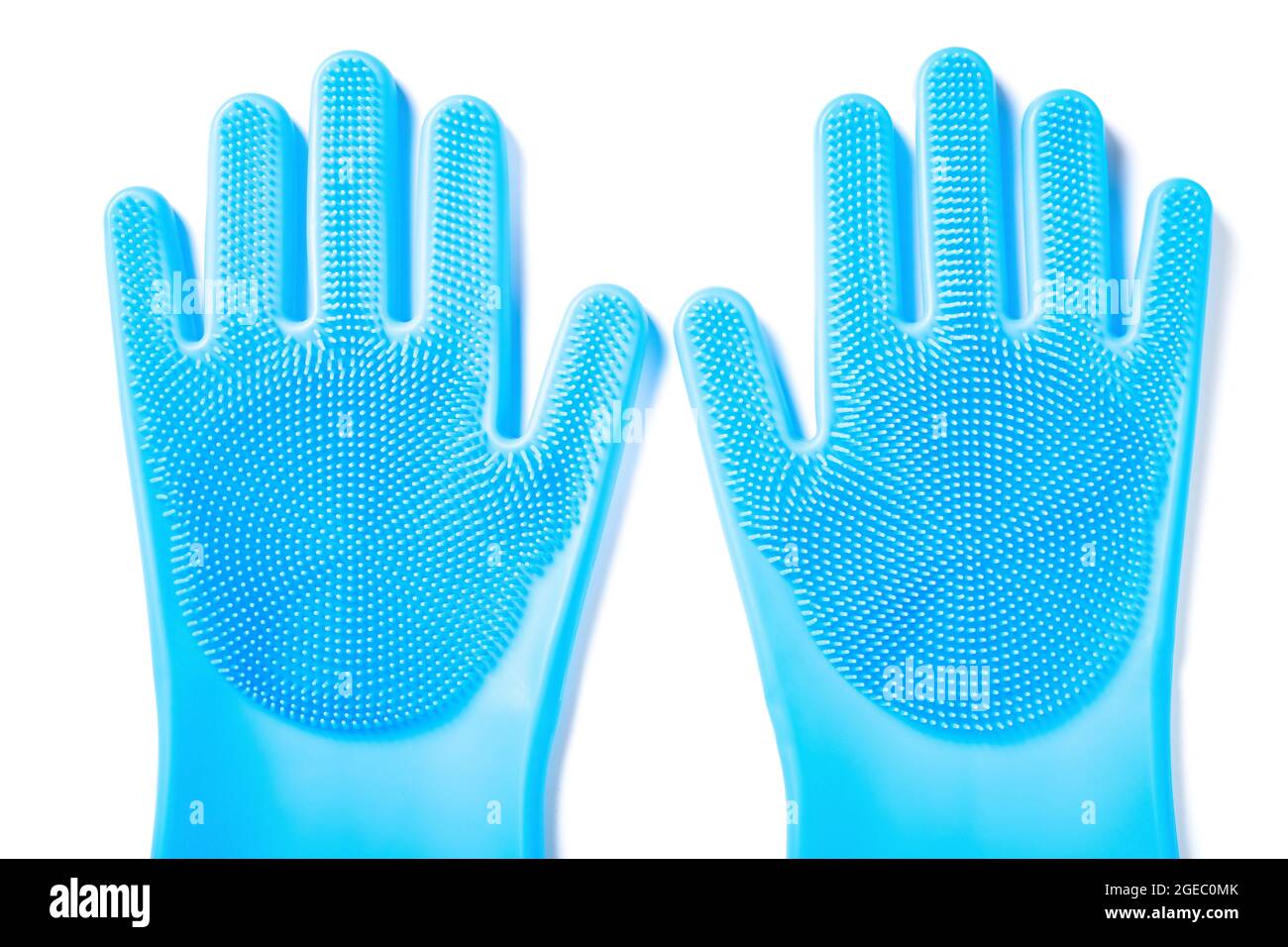 top view pair of blue grooming gloves for pet on white Stock Photo