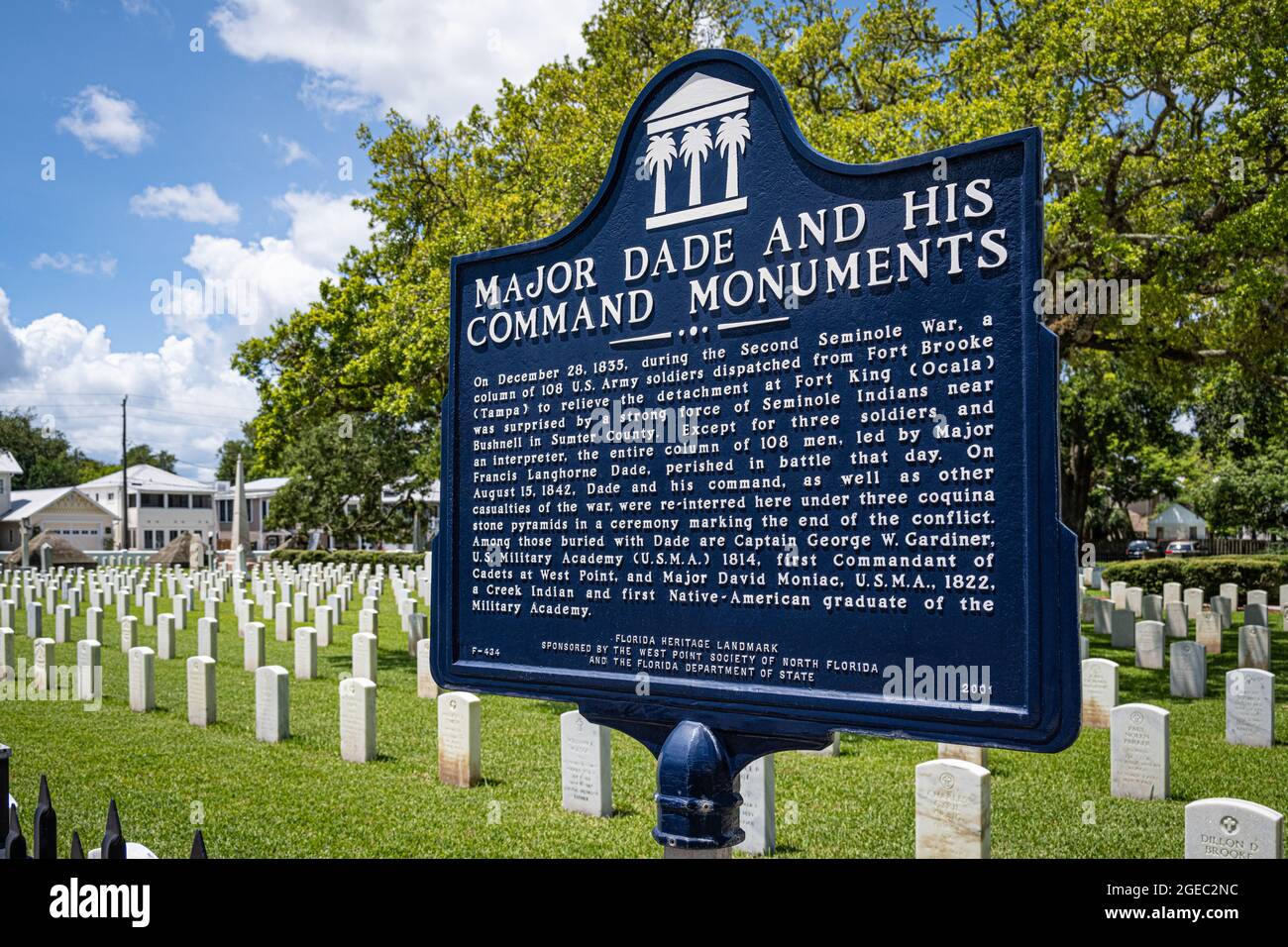 Historical marker for Major Dade and his Command Monuments at the St. Augustine National Cemetery, in St. Augustine, Florida. (USA) Stock Photo