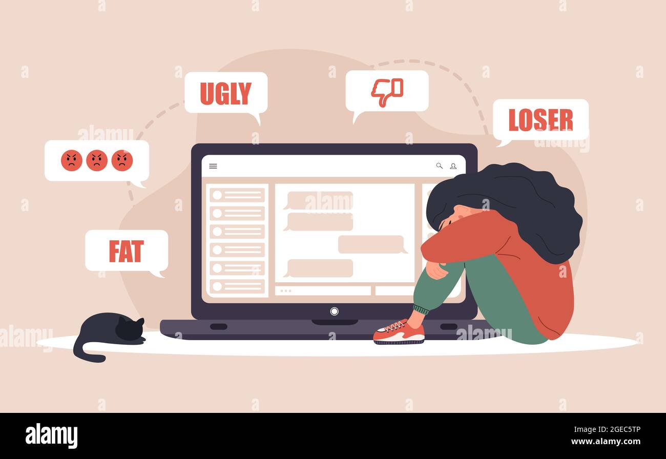 Cyber bullying. Sad woman with laptop receiving pop up messages. Online