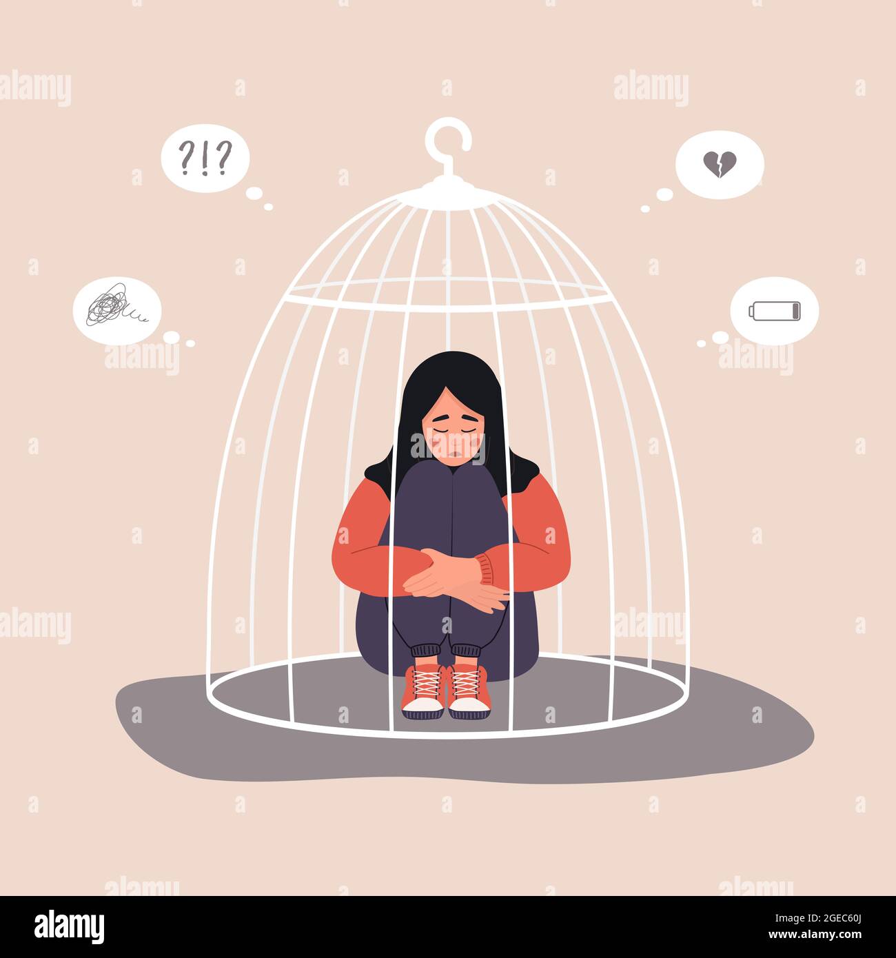 Islamic woman locked in cage. Unhappy female character in hijab sitting on floor and hugging knees. Female empowerment movement. Vector illustration Stock Vector