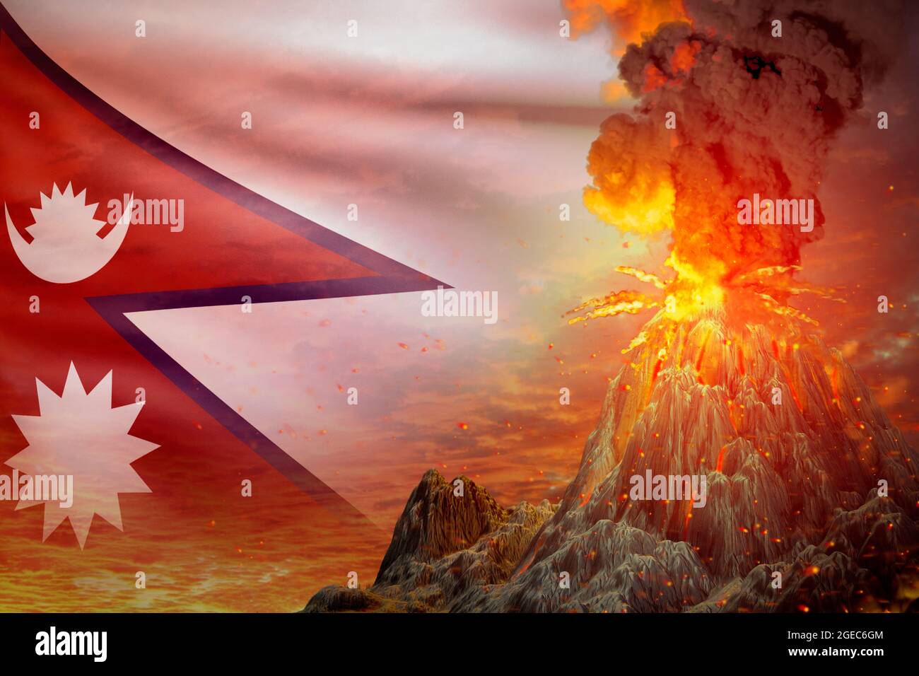 stratovolcano blast eruption at night with explosion on Nepal flag