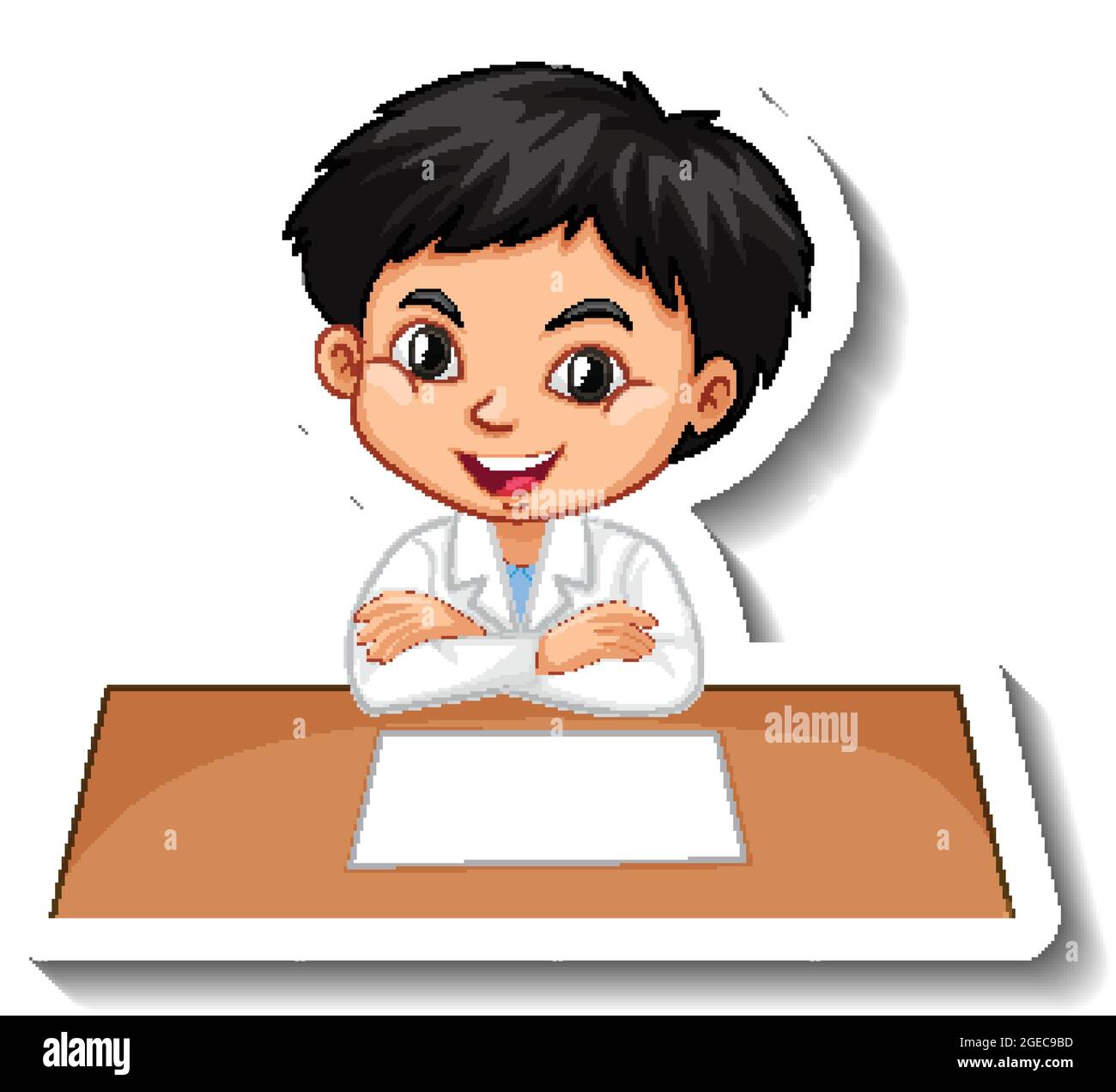 Boy in scientist outfit writing on empty desk illustration Stock Vector ...
