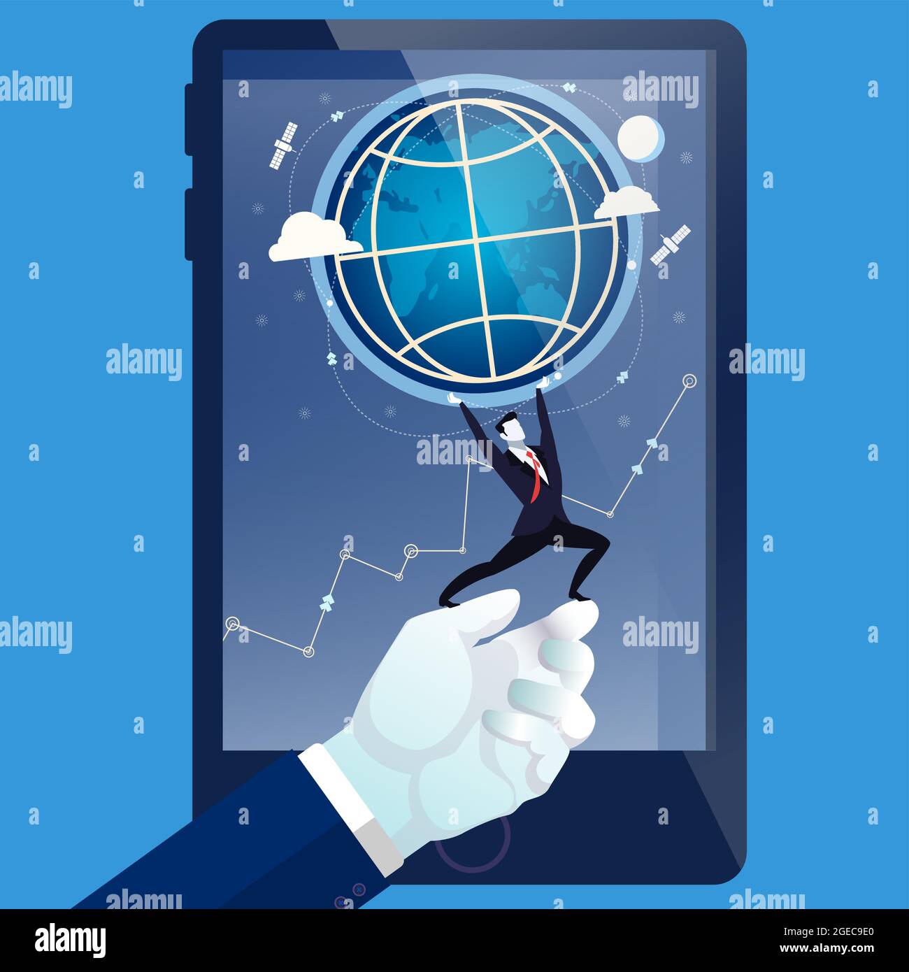 Vector illustration of businessman on human hand holding the Earth ...