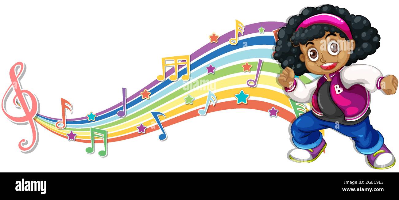 Girl with melody symbols on rainbow wave illustration Stock Vector ...
