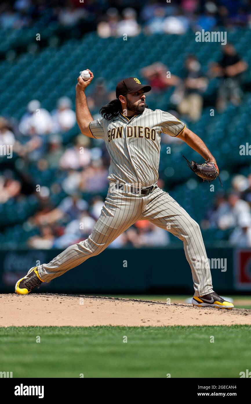 San Diego Padres pitcher Nabil Crismatt (74) pitches the ball during an MLB regular season game against the Colorado Rockies, Wednesday, August 18, 20 Stock Photo