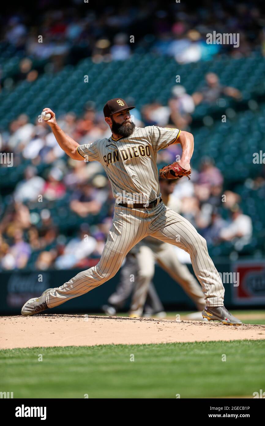 Denver, United States . 18th Aug, 2021. San Diego Padres pitcher Jake  Arrieta (49) pitches the ball during an MLB regular season game against the  Colorado Rockies, Wednesday, August 18, 2021, in