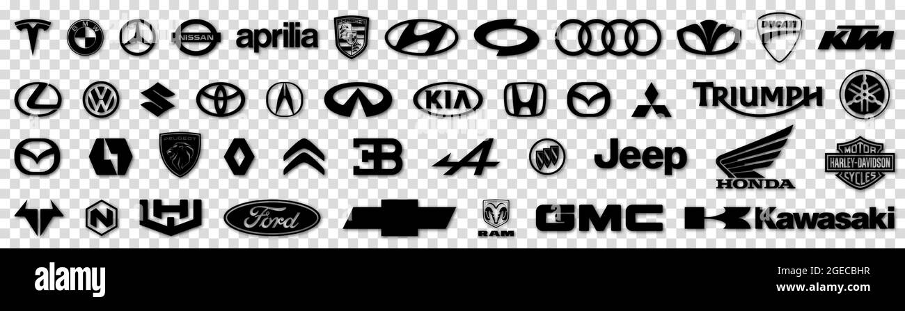 Vinnytsia, Ukraine - August 18, 2021. Popular car and motorcycle brands logos. Black flat logos isolated on transparent background. Editorial vector i Stock Vector