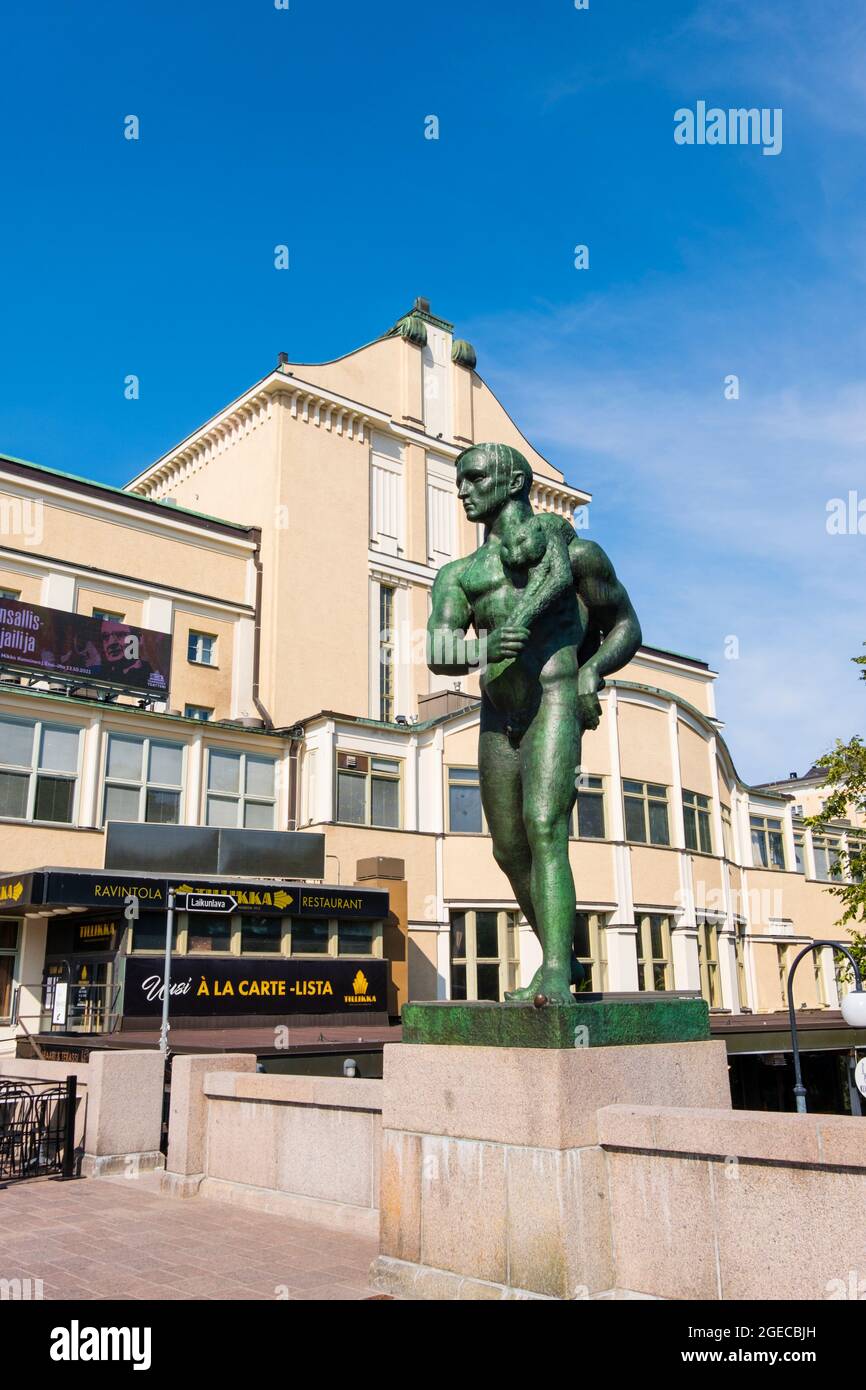 Hunter, by Wäinö Aaltonen, in front of city theatre, Hämeensilta, Hämeenkatu, Tampere, Finland Stock Photo