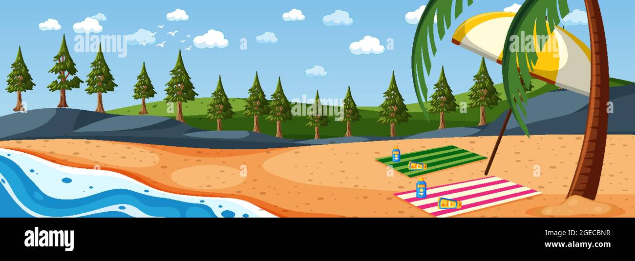 Panorama landscape scene with many palm trees at the beach illustration ...