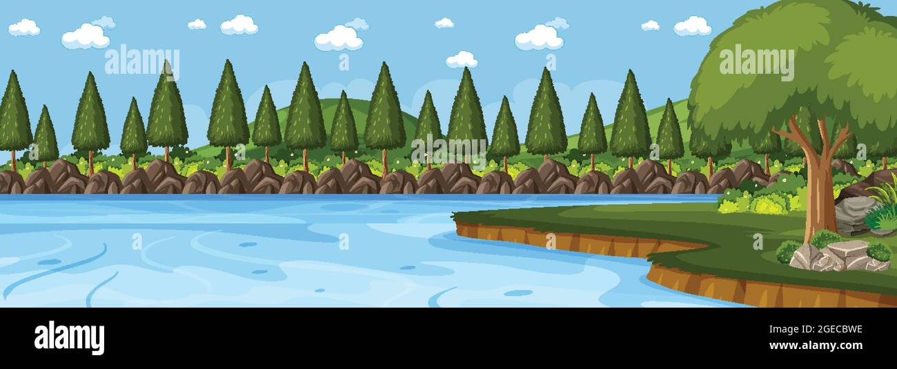 Panorama landscape scene with river through the forest illustration ...