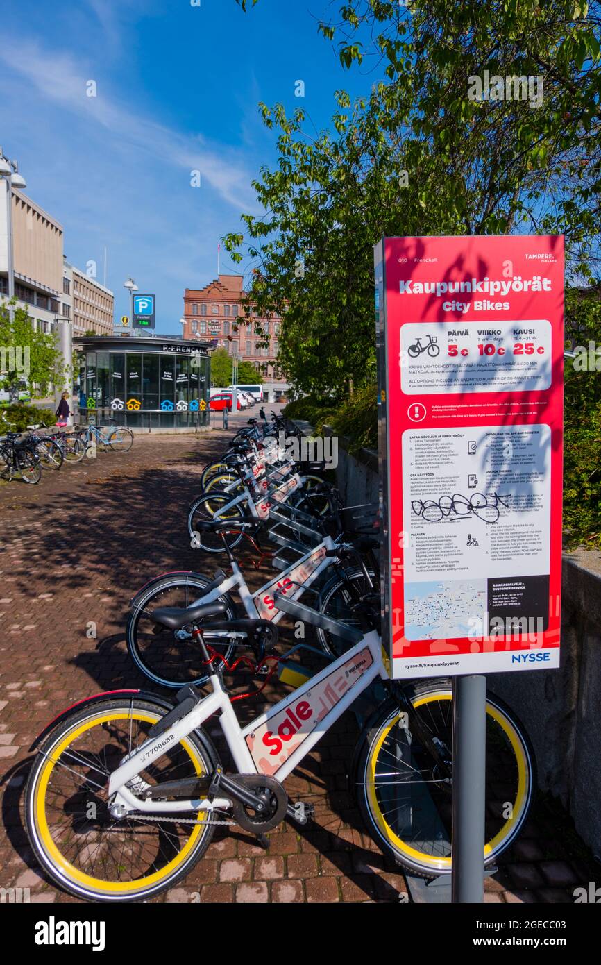 City bike rental spot, Keskustori, Tampere, Finland Stock Photo