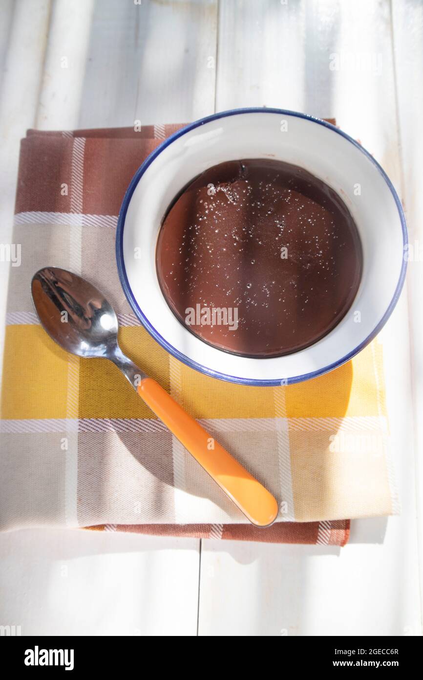 Photographic presentation of vegan cuisine, pudding with soy milk