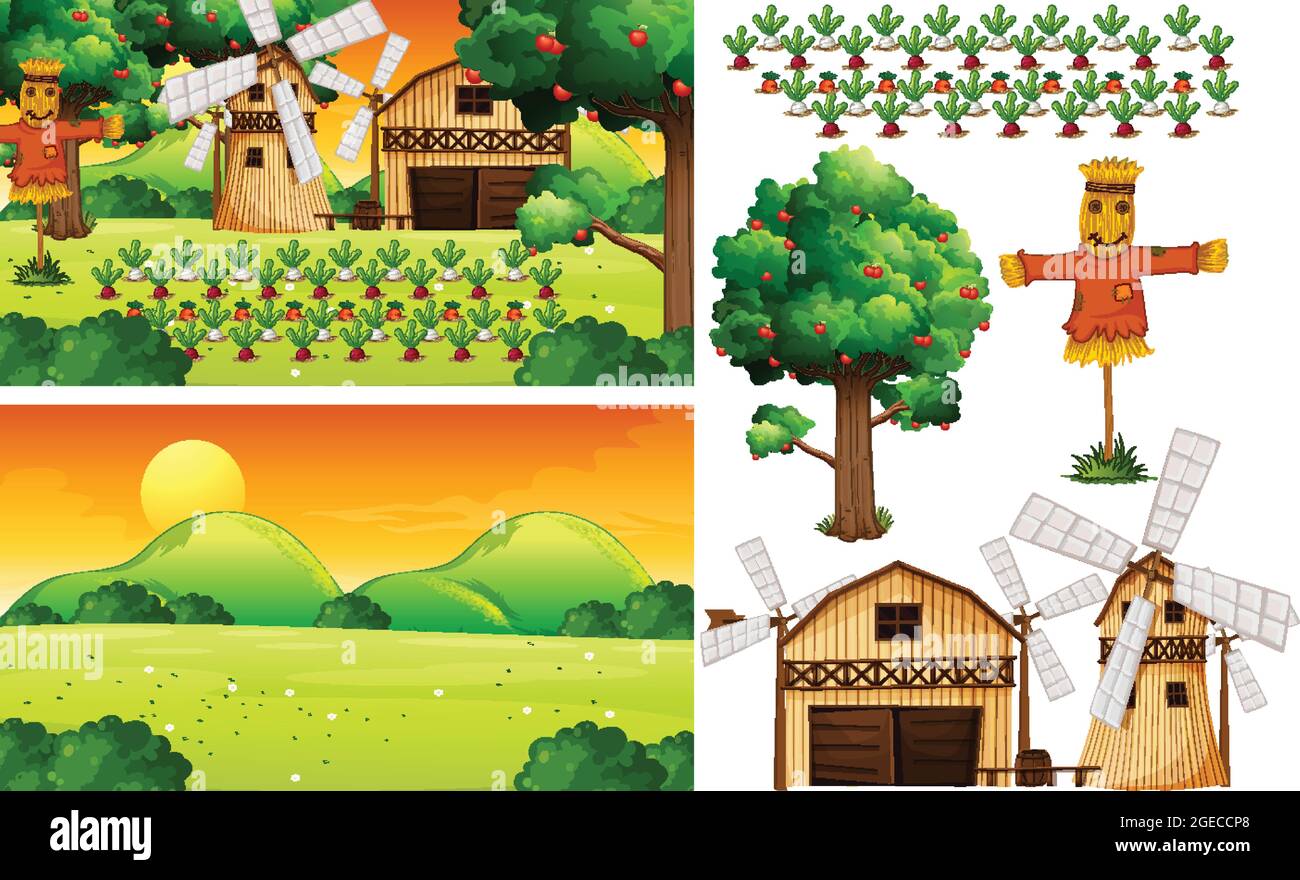 Farm element set isolated with farm scence illustration Stock Vector ...
