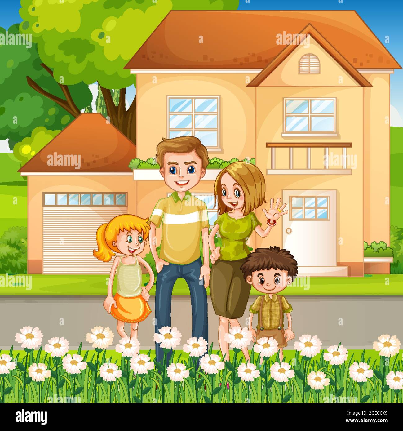 Happy family standing outside home illustration Stock Vector Image & Art -  Alamy