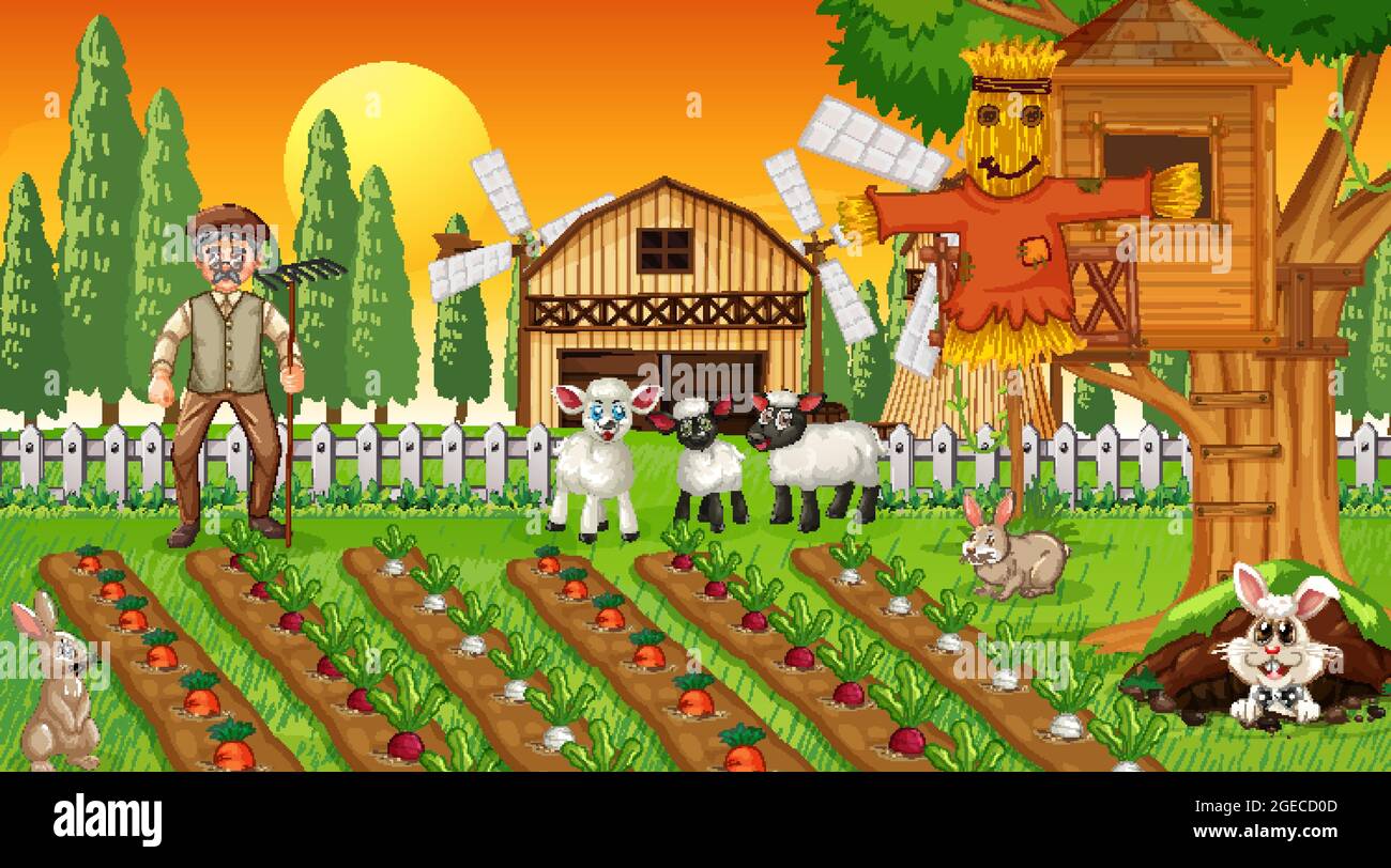 Farm scene at sunset with old farmer man and cute animals illustration ...