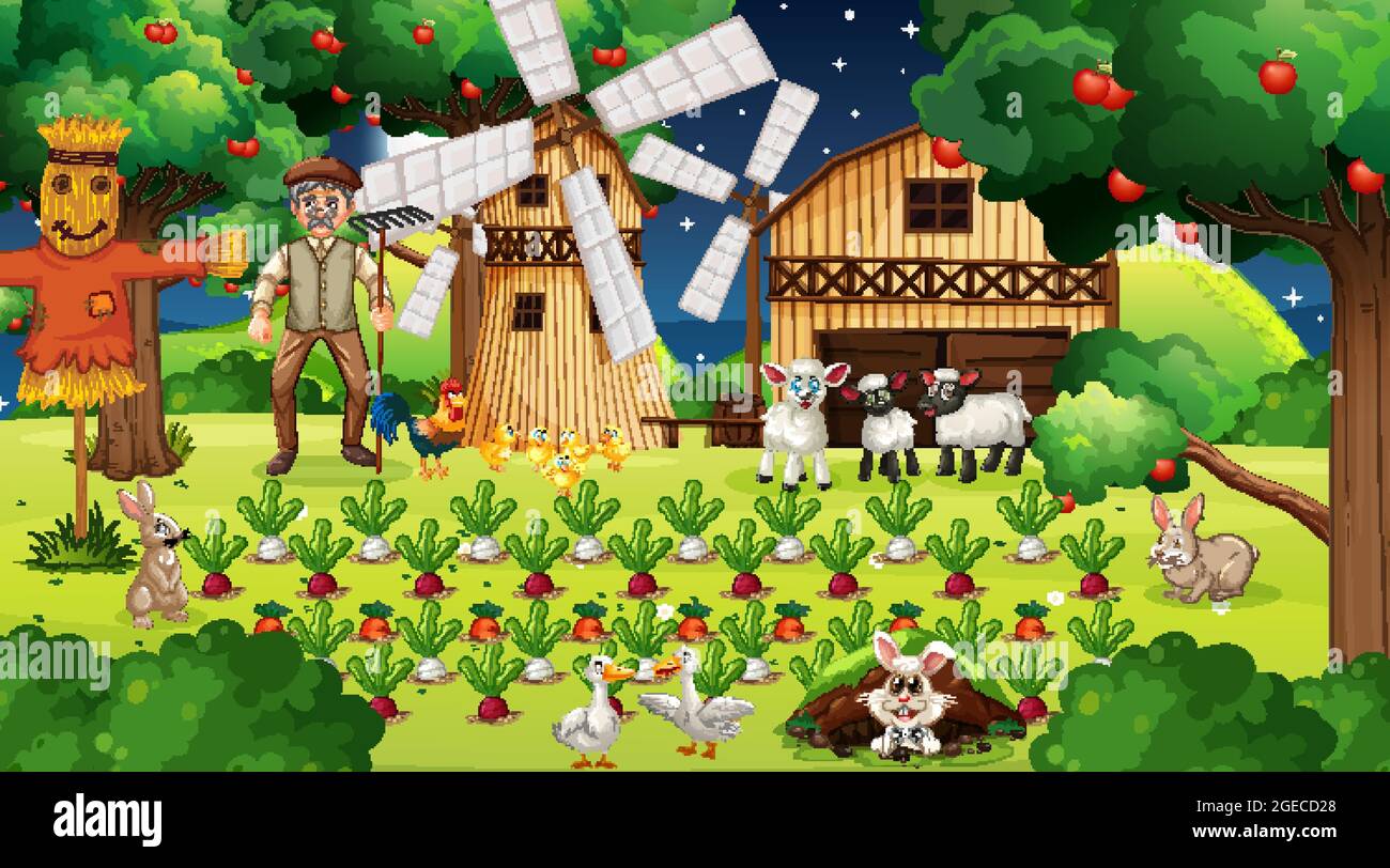 Farm scene at night with old farmer man and cute animals illustration ...
