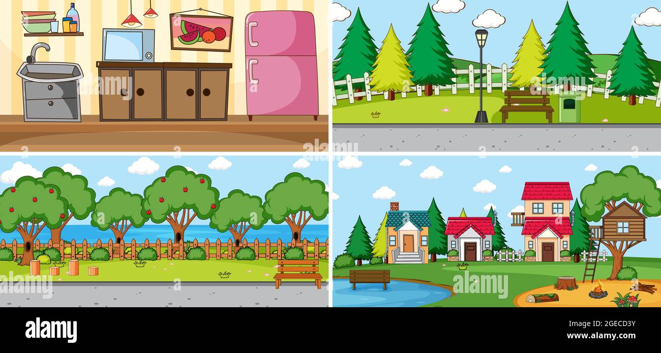 Set of different scenes in cartoon style illustration Stock Vector ...