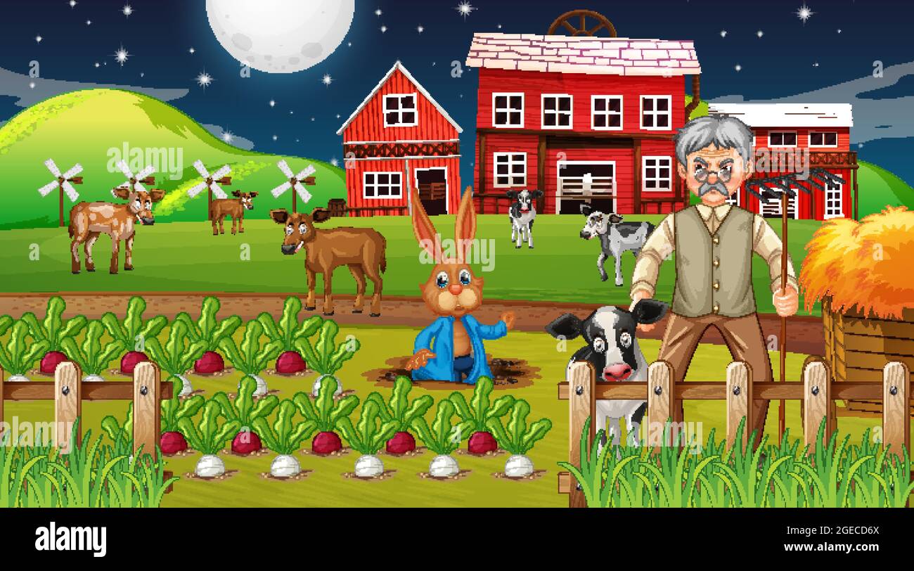 Farm at night scene with old farmer man and farm animals illustration