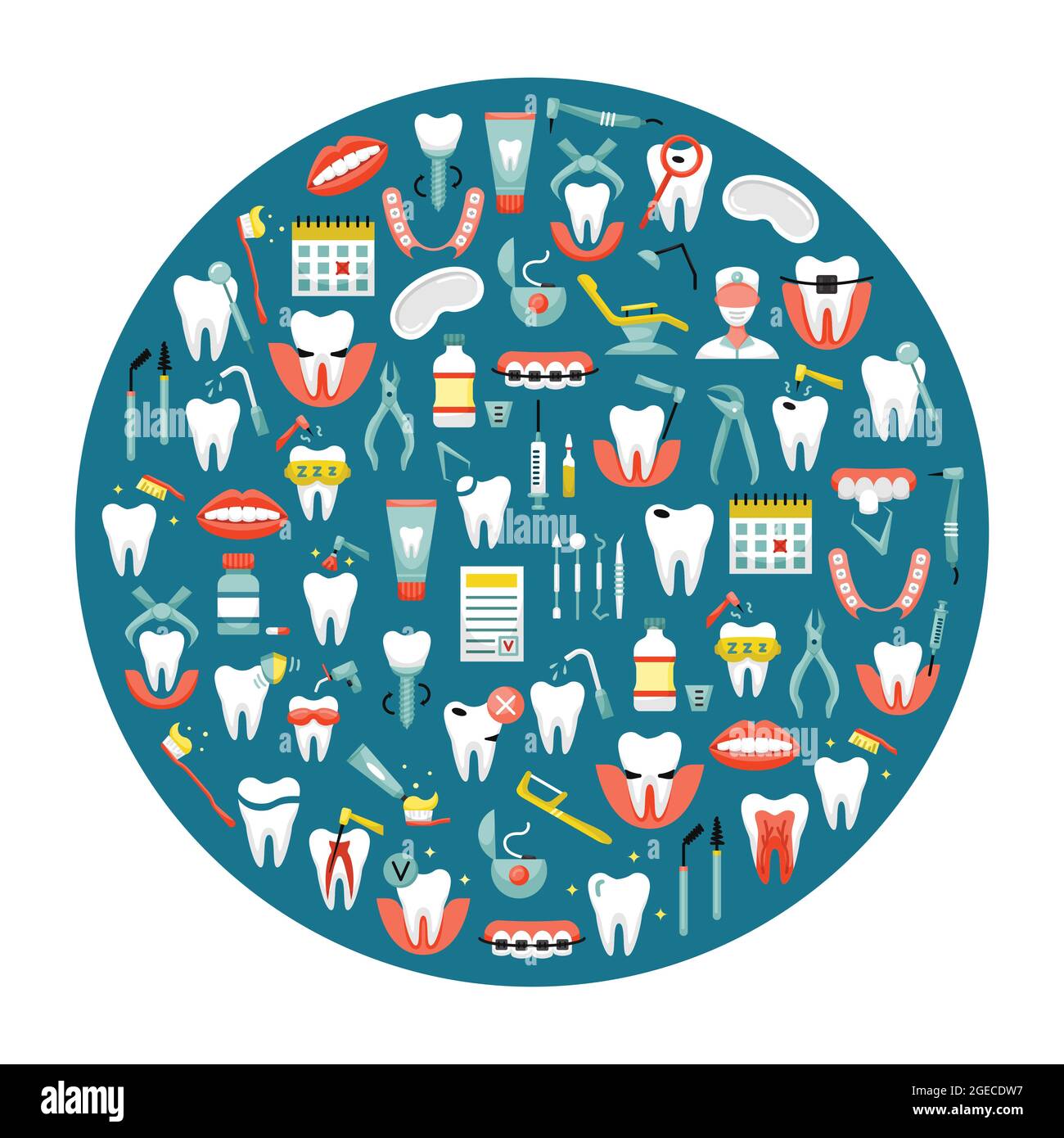 Vector illustration of flat dentistry icons in a round shape Stock