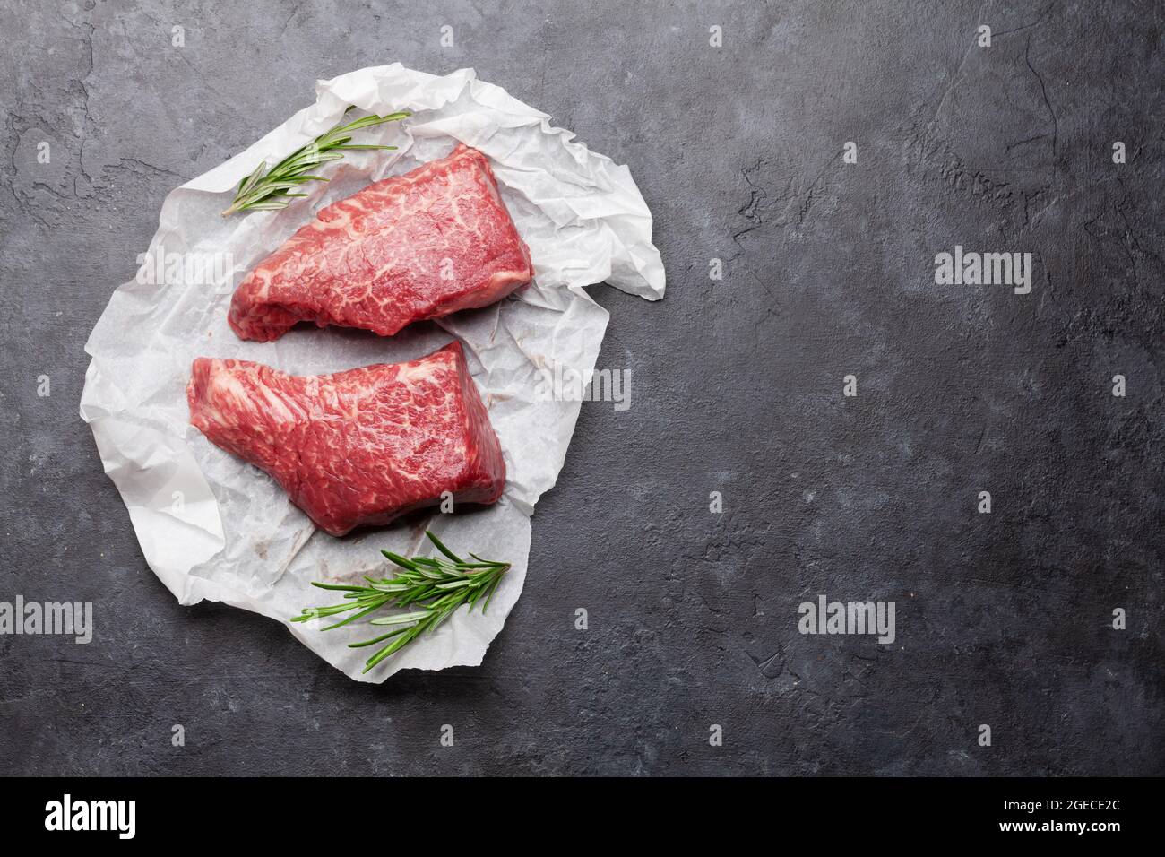 Marbled beef steak. Two fresh raw fillet steaks. Top view flat lay with ...