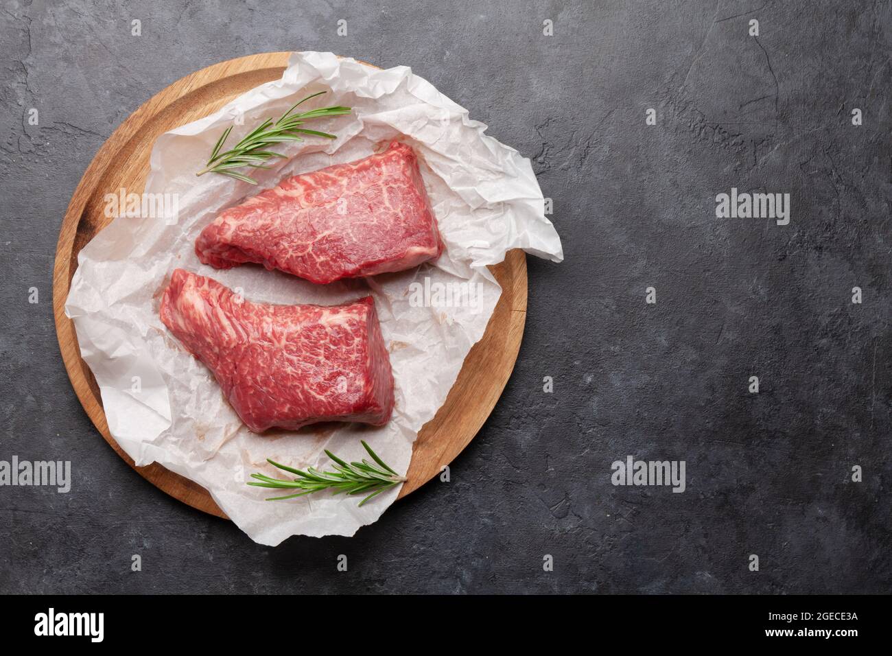 Marbled beef steak. Two fresh raw fillet steaks. Top view flat lay with ...