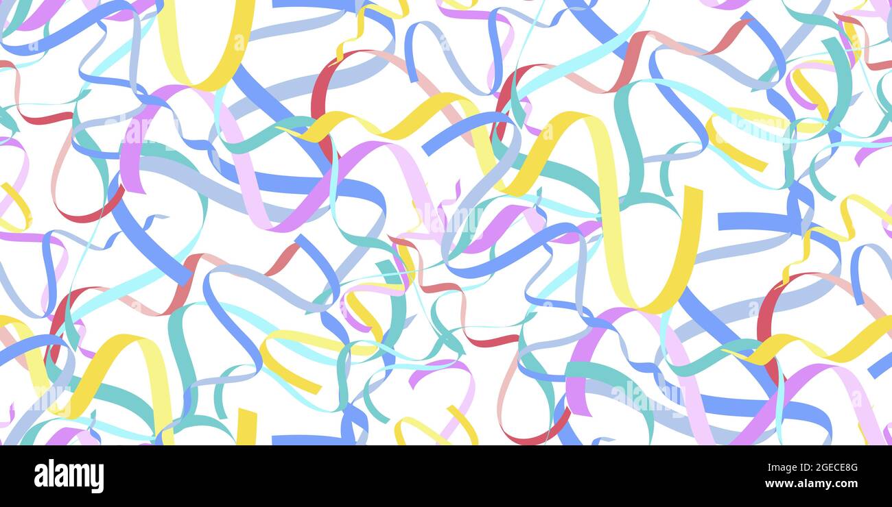 Seamless pattern of falling festive multi colored ribbon. Bright festive tinsel on white background. Design for Birthday Celebration, New Year, Merry Stock Vector