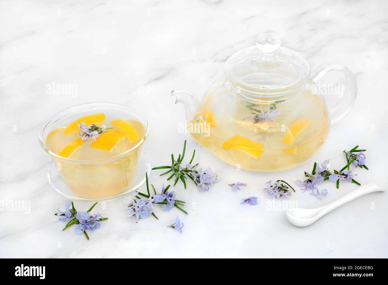 Lemon and rosemary herbal tea for immune system boost, low cholesterol, low blood pressure. High