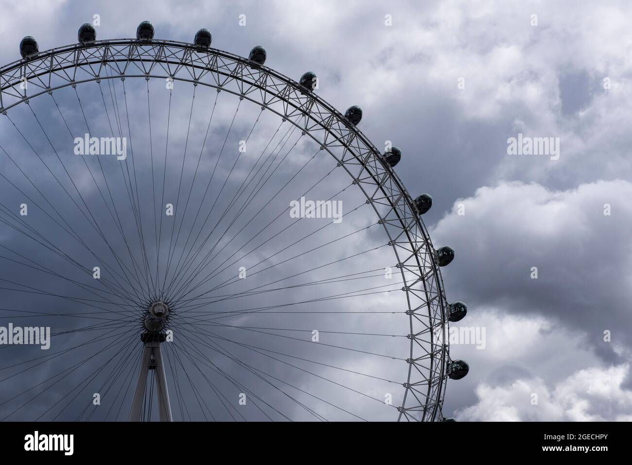 Looking up at the London Eye through storm clouds, London, England UK ...