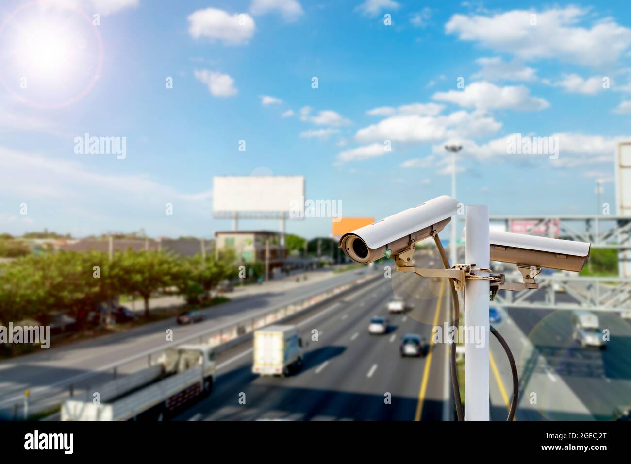 CCTV cameras on the overpass for recording on the road for safety and traffic violations. Stock Photo