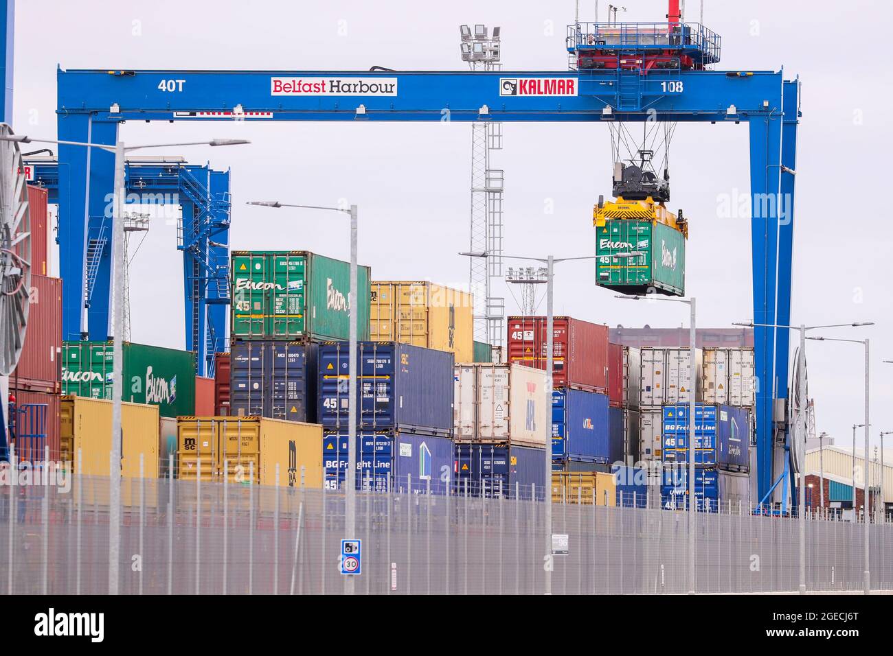 Belfast Container Terminal at The Port of Belfast, Northern Ireland.  The port handles the biggest percentage of imports and exports for the country. Stock Photo