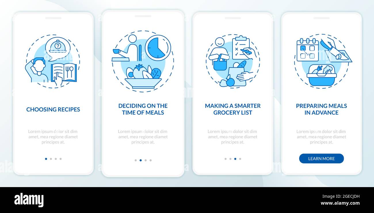 Meal planning basics blue onboarding mobile app page screen Stock Vector