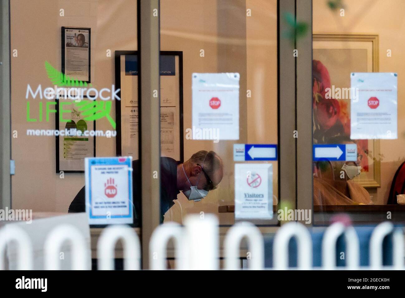 Melbourne, Australia, 14 July, 2020. Cleaners are seen inside the main reception of The Menarock Life Essendon aged care facility which has seen 31 people test positive to coronavirus during COVID-19. After another horror 24 hours of 270 COVID-19 cases, bringing Victoria’s active cases to over 1800, speculation is rising that almost all of Victoria’s current cases stem from the Andrews Government botched hotel quarantine scheme.  Victoria is losing control of clusters as they start spreading through nursing homes, where our most vulnerable live. (Photo be Dave Hewison/ Speed Media) Credit: Dav Stock Photo
