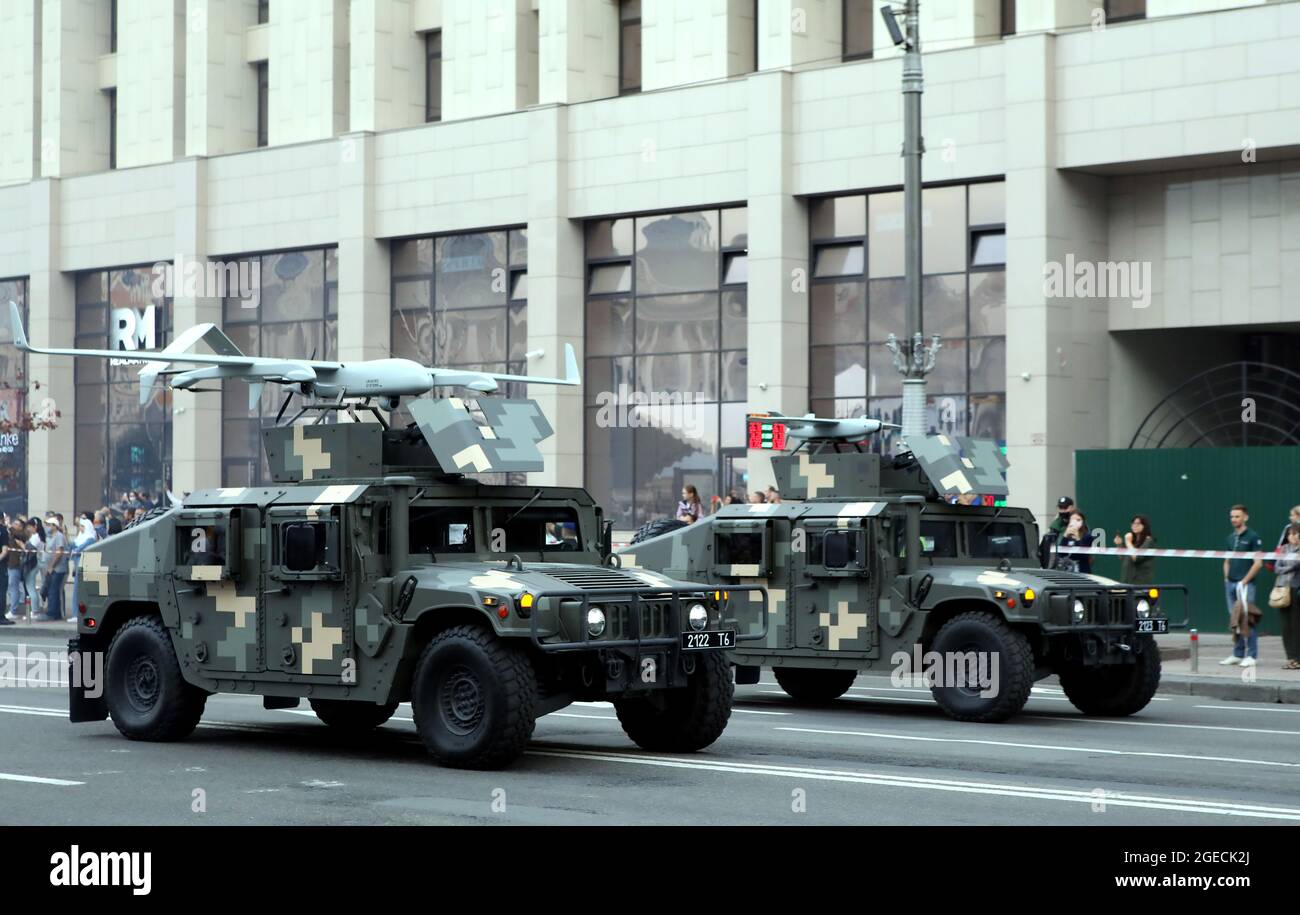 KYIV, UKRAINE - AUGUST 18, 2021 - UAVs are pictured during the rehearsal of the Kyiv Independence Day Parade on Khreshchatyk Street ahead of the 30th Stock Photo