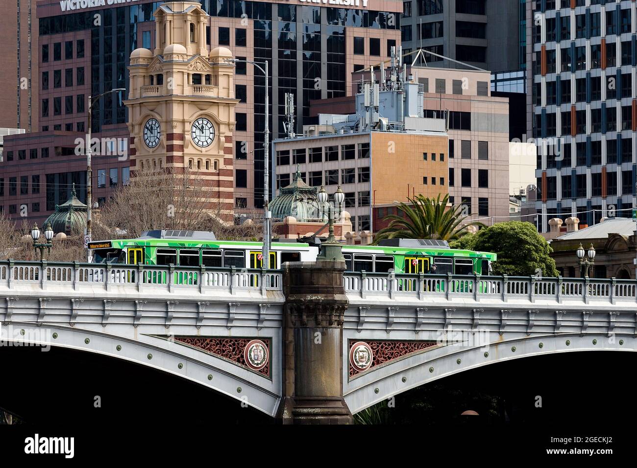 Melbourne, Australia, 2 September, 2020. An empty tram crosses the Princes Bridge during COVID-19 in Melbourne, Australia. Premier Daniel Andrews Labor Government was given a six month extension to their State of Emergency Powers. Under these powers, the government need not justify their response to the pandemic or have to face any scrutiny. It risks the continuation of major events in Victoria and will plunge the state into the deepest recession not seen in 100 years. The government continues to push the meaningless daily case numbers as daily deaths continue to plunge as Aged Care is brough Stock Photo