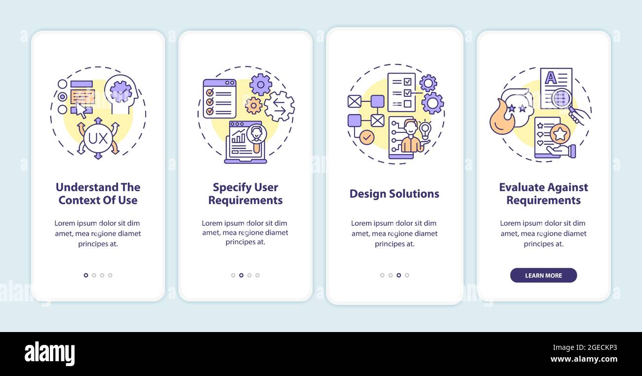 User-centered work process onboarding mobile app page screen Stock Vector