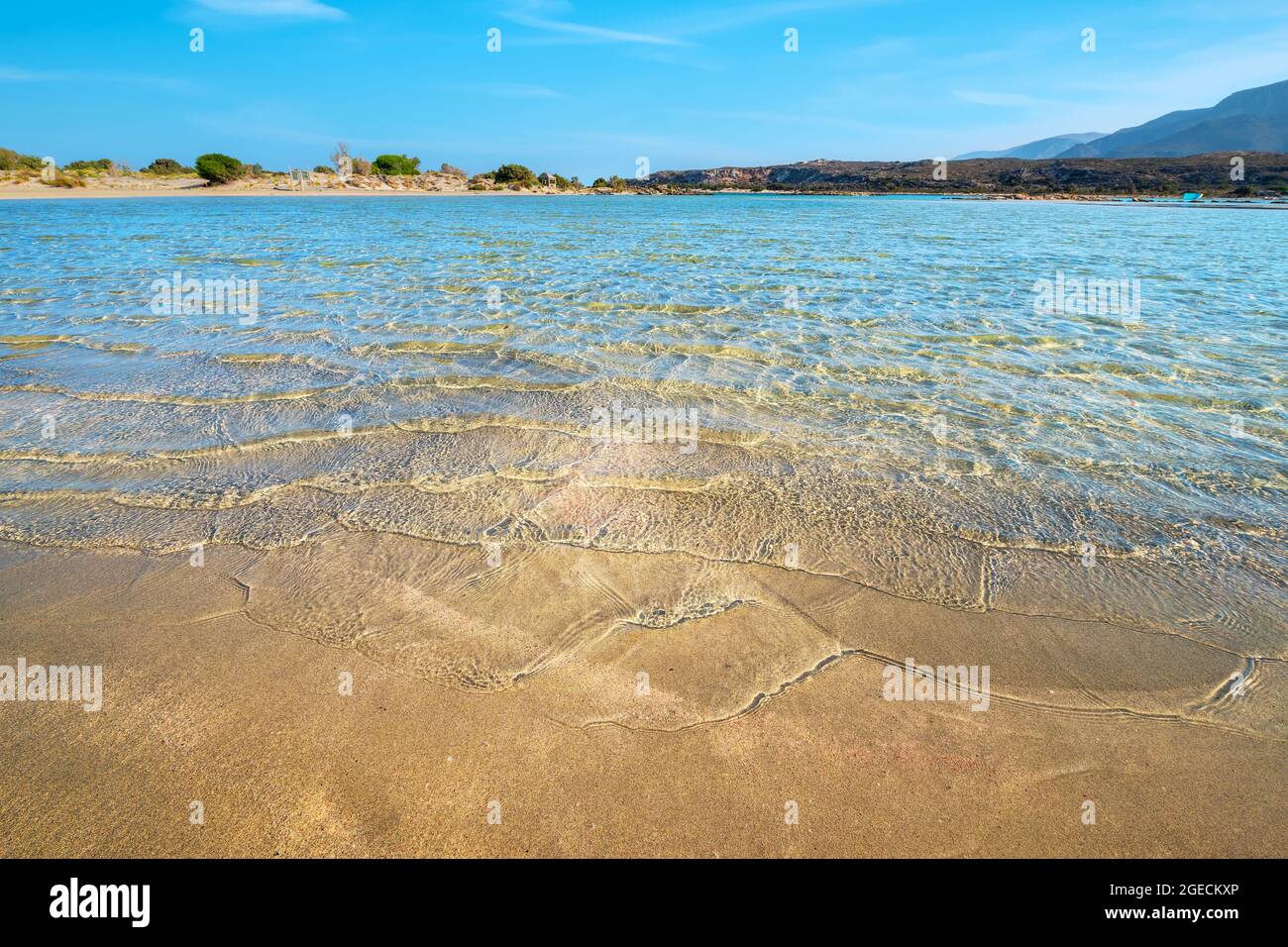 Morning view to crystal clear water of Elafonissi beach. Crete, Greece Stock Photo