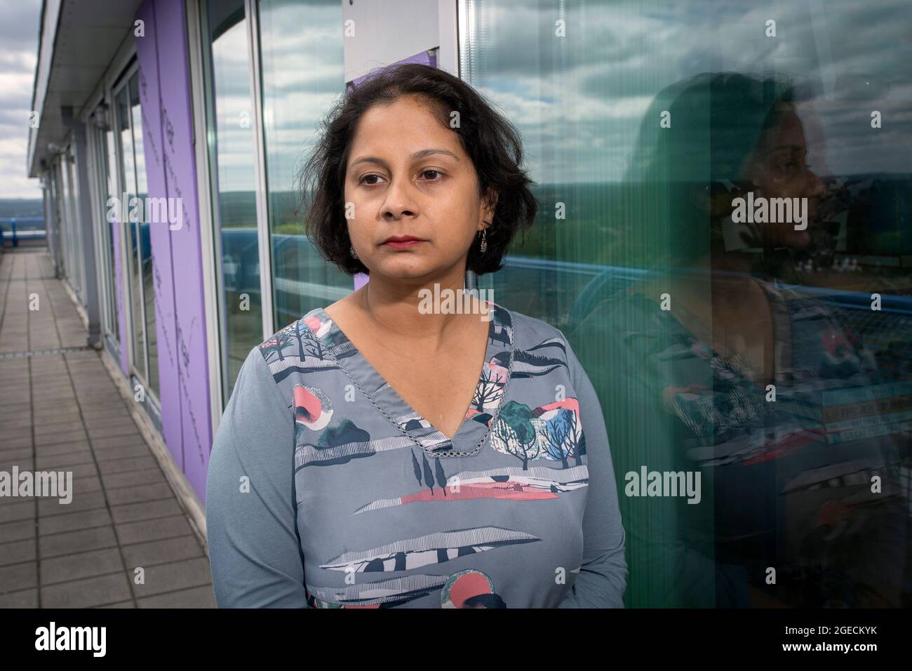 UK ,Kent,Bromley on 14 th of August: Ritu Saha the co-founder of the UK Cladding Action Group.She lives on the top floor of the Northpoint building. Stock Photo