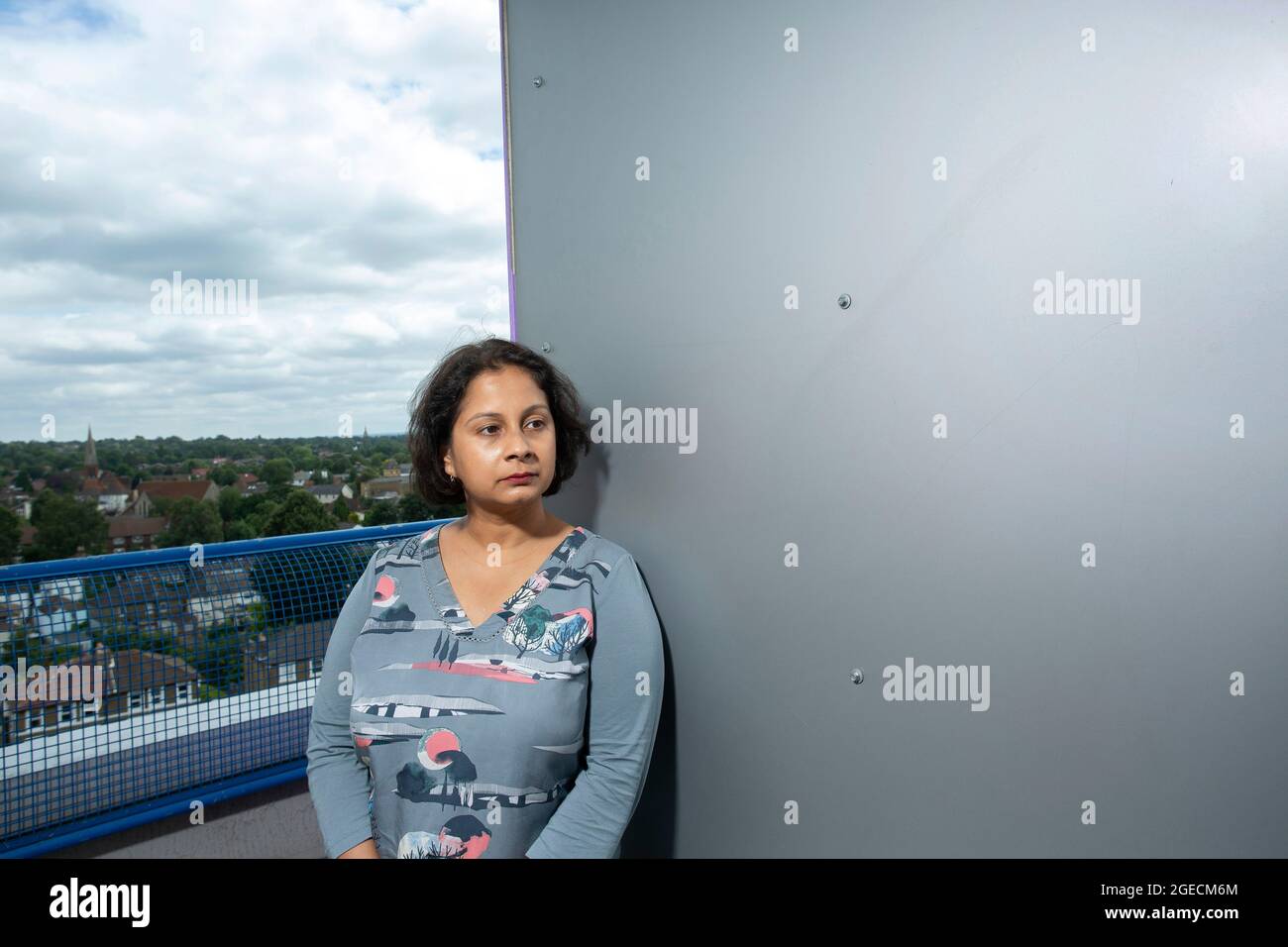 UK ,Kent,Bromley on 14 th of August: Ritu Saha the co-founder of the UK Cladding Action Group.She lives on the top floor of the Northpoint building. Stock Photo