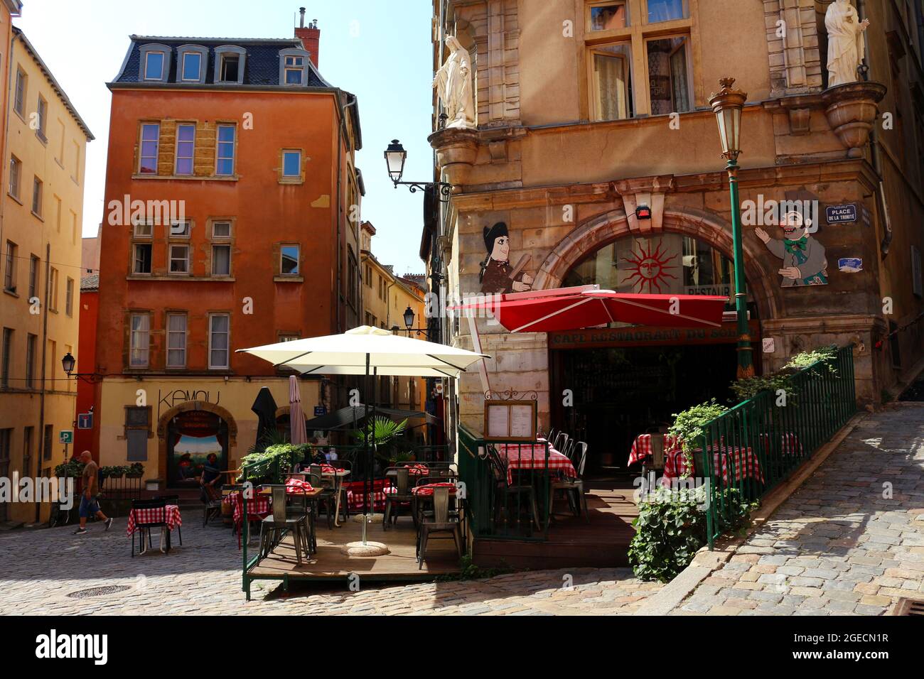 Quaint little place. Cafe Restaurant du Soleil in Vieux Lyon, France Stock Photo