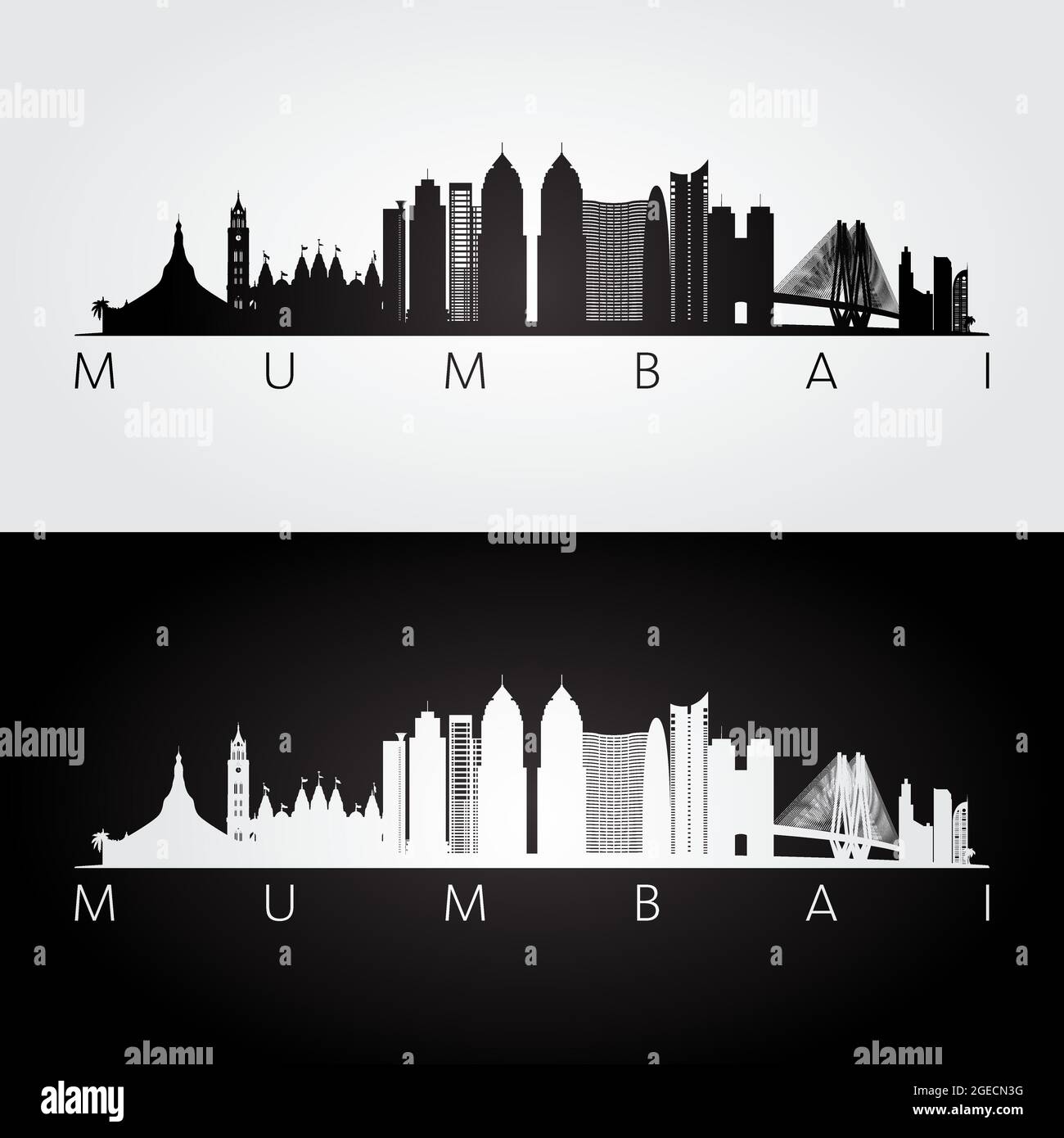 Mumbai skyline and landmarks silhouette, black and white design, vector