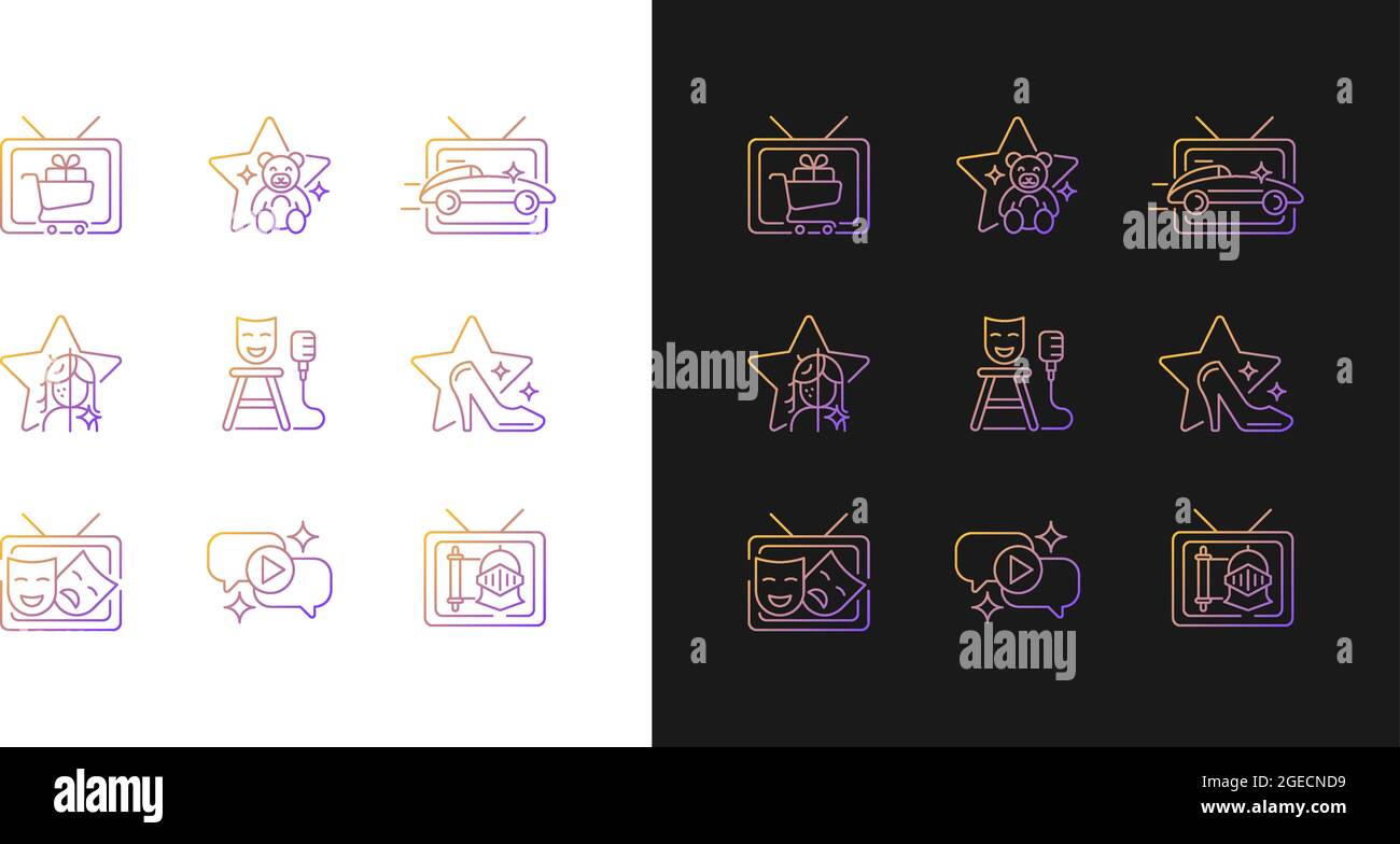 Television show gradient icons set for dark and light mode Stock Vector