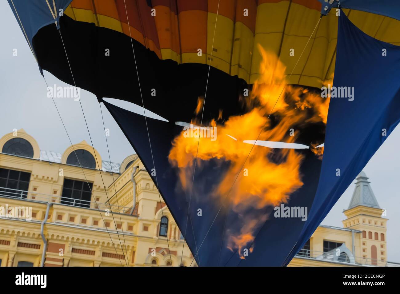 Fire from gas jet burner in hot air balloon during outdoor aerostat ...