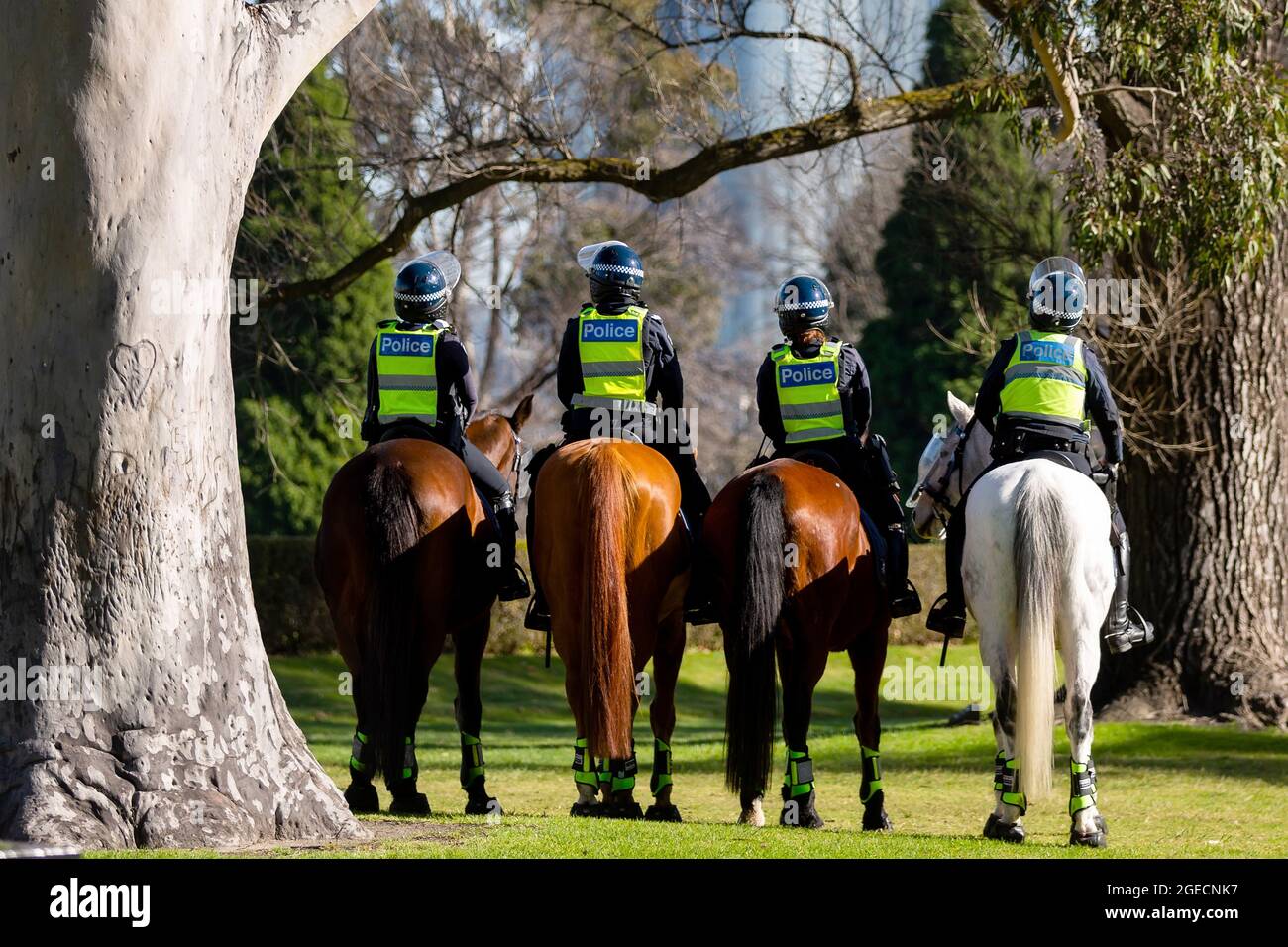 Melbourne, Australia, 31 July, 2020. Mounted Police are seen standing guard outside the Shrine of Remembrance as anti mask protesters promised to hold a rally. Anti facemask protesters rally at the Shrine of Remembrance a day after Victoria sees a new record in Coronavirus cases. Credit: Dave Hewison/Speed Media/Alamy Live News Stock Photo