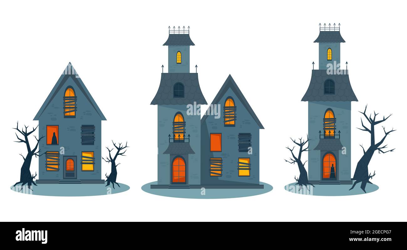 Scary haunted house and broken windows, Halloween horror house set. Vector  illustration in flat style Stock Vector Image & Art - Alamy