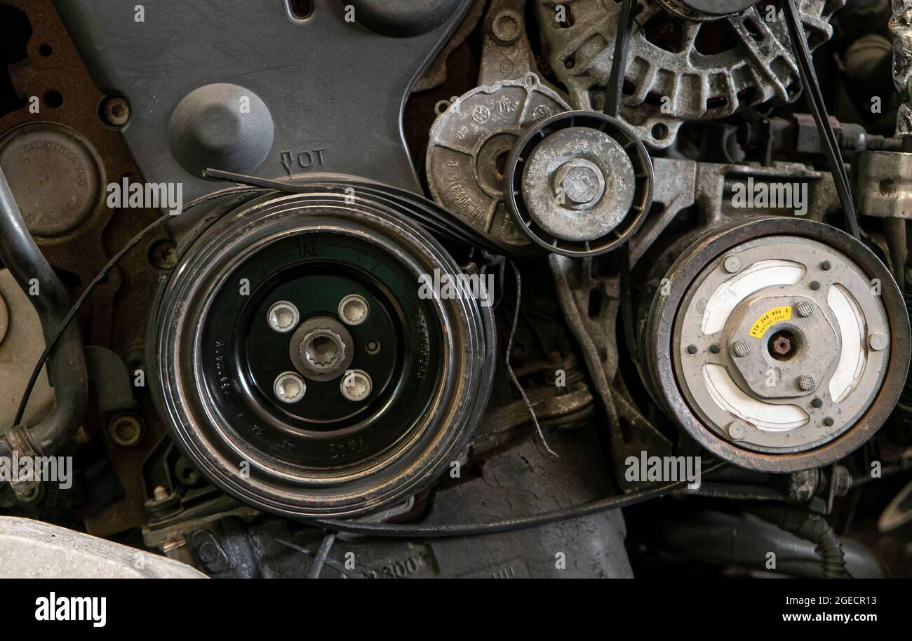 Detail of Broken belt in the car engine Stock Photo Alamy
